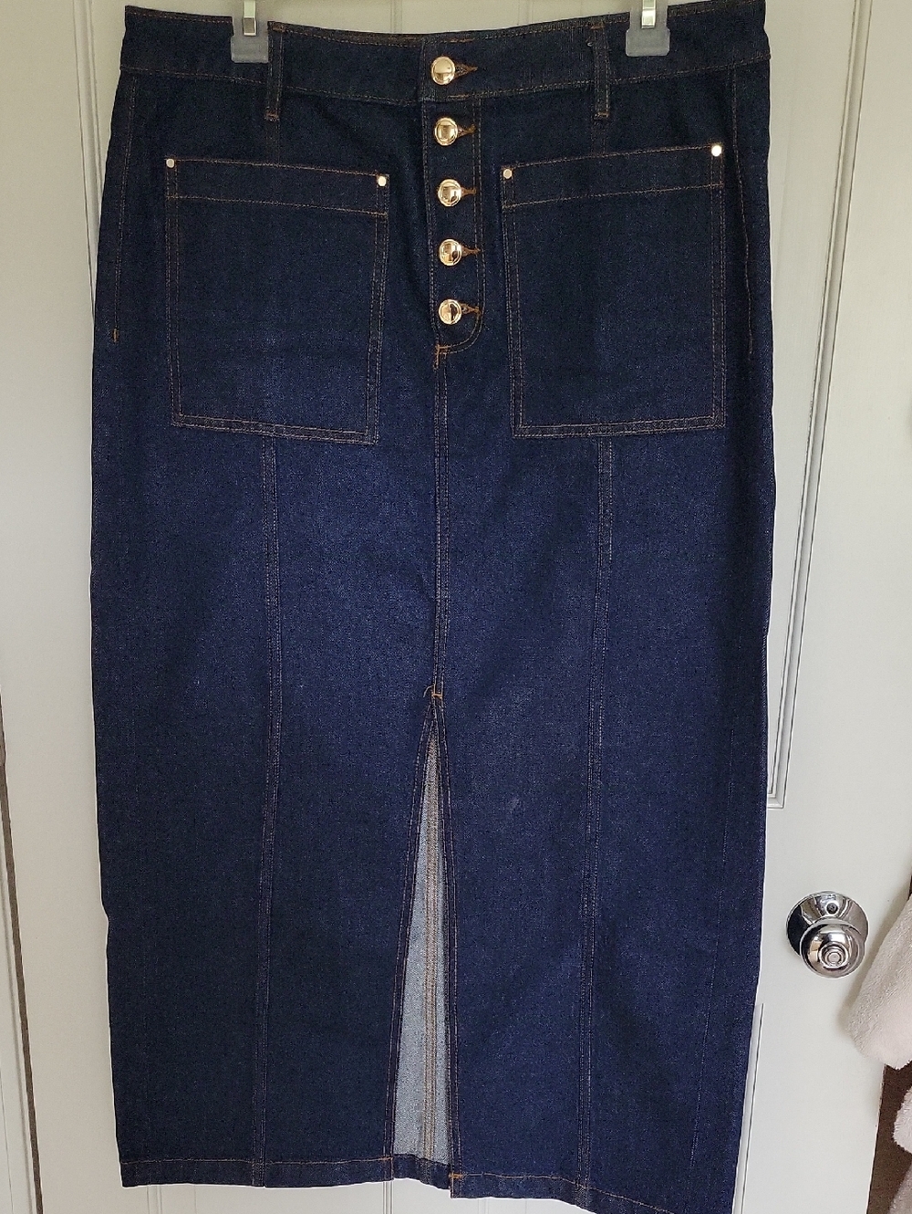 LOFT Dark Blue Denim Skirt with Contrast Stitching